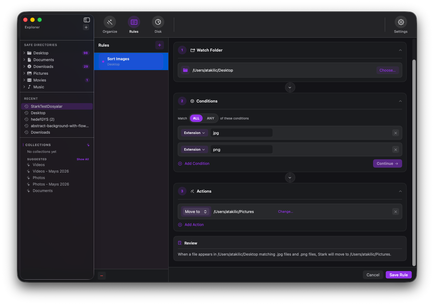 Stark rules builder with watch folder, conditions, and actions.